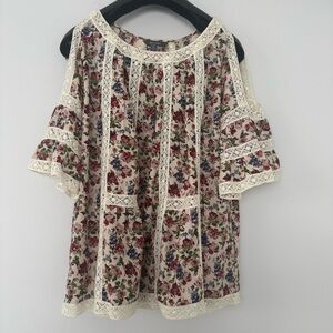 Anthropologie Blue Tassel Blouse Floral Crochet-Trim Cold Shoulder Top Size S